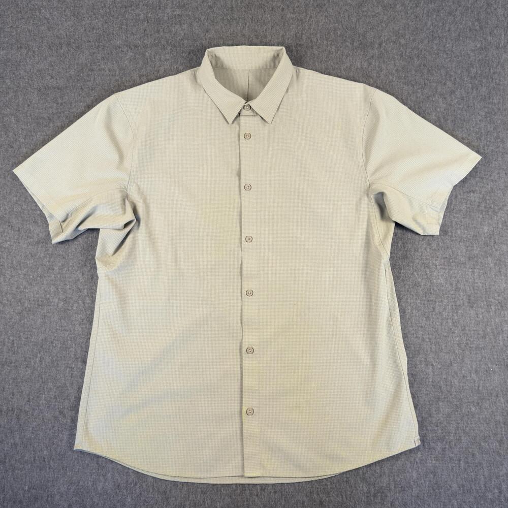Lululemon Shirt Mens Large Beige Check Short Sleeve Button Up Lightweight Casual